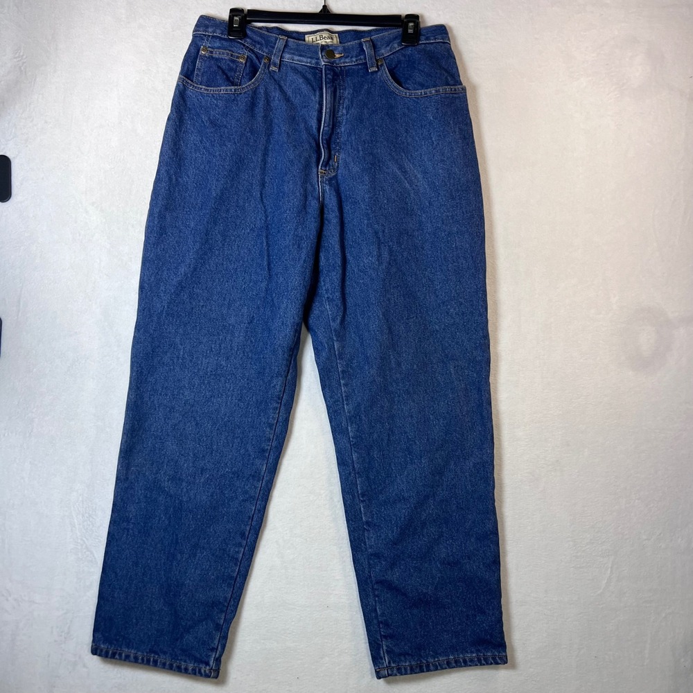 LL Bean Flannel Lined Jeans Womens 14‎ Petite Relaxed Fit Plaid Denim Blue